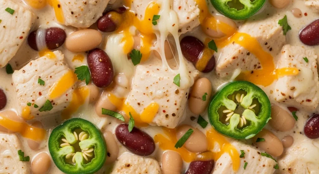 Close-up-of-creamy-white-chicken-chili-with-jalapenos-and-melted-cheese