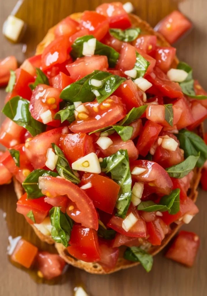 Close-up-vibrant-tomato-garlic-topping with-freshly-chopped-basil-pieces.