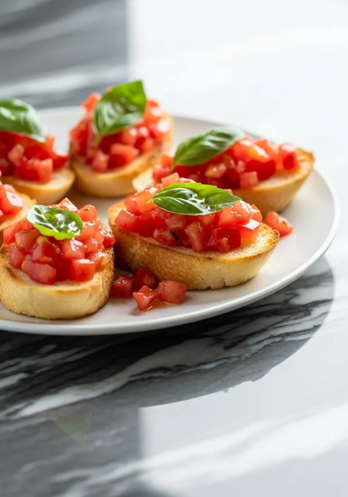 Restaurant-quality-bruschetta-appetizers garnished-with-whole-basil-leaves-brightly.