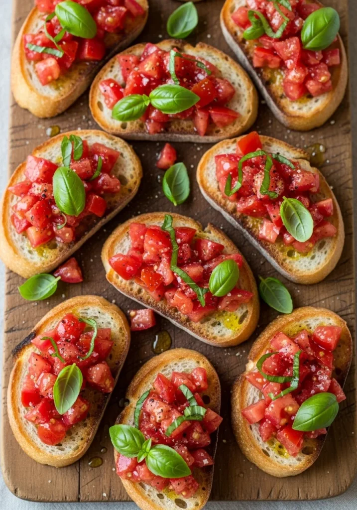 Overhead-view-of-several-tomato-basil-bruschetta on-a-textured-gray-wooden-board.