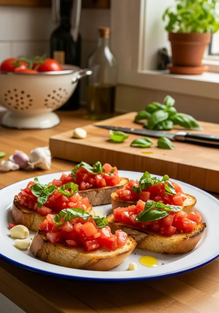 Homemade-fresh-tomato-basil-bruschetta on rustic-toasted-bread-slices.