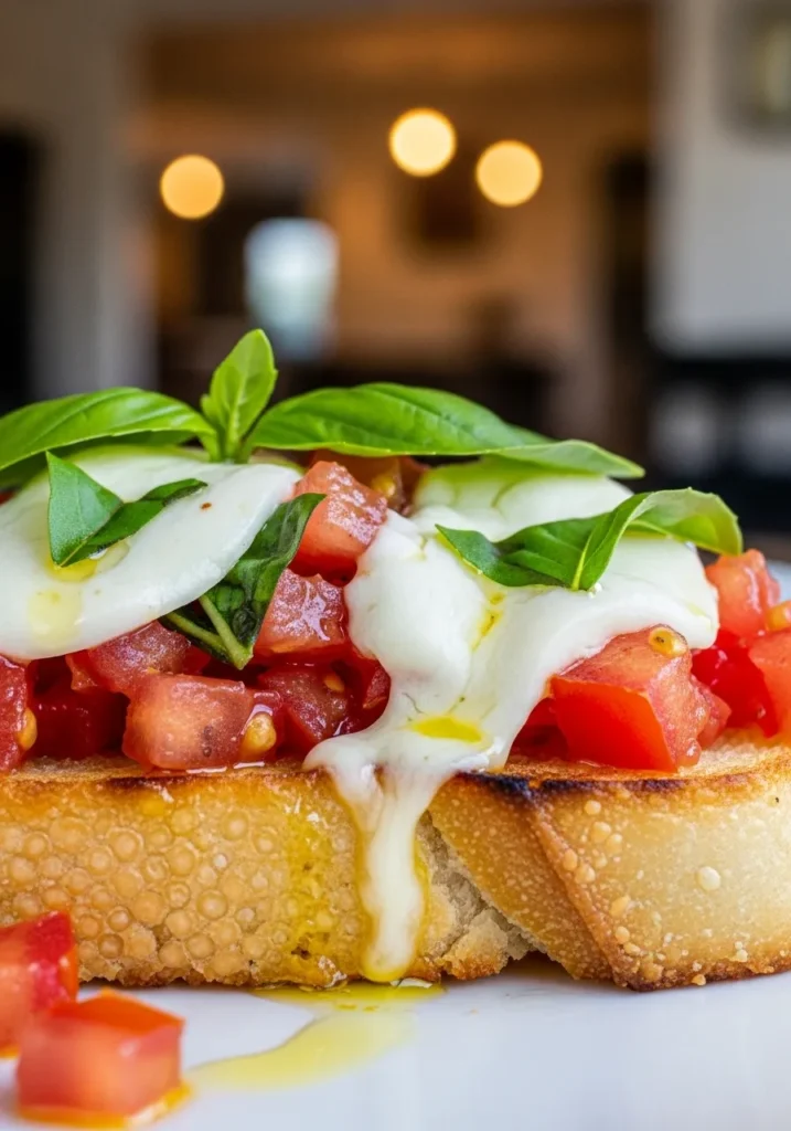 Bruschetta-topped-with-melting-fresh-mozzarella and-a-drizzle-of-good-olive-oil.