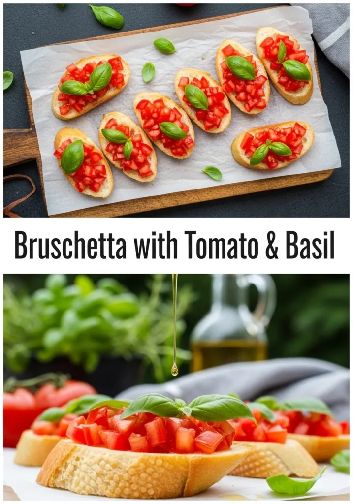 Bruschetta-with-Tomato-Basil and-excellent-olive-oil-drizzle-displayed.