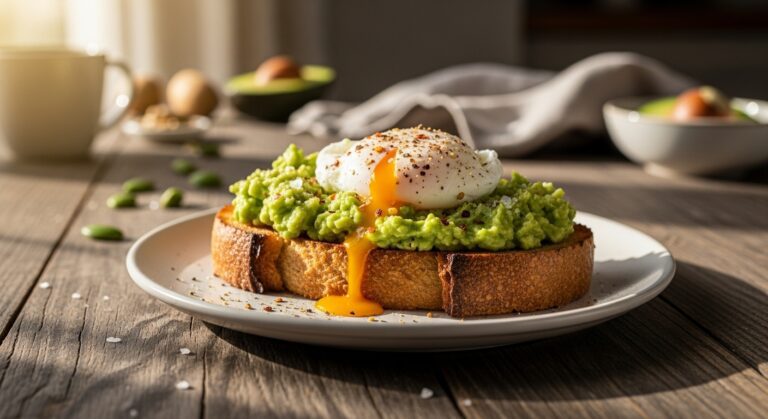 Realistic-kitchen-scene-with-avocado-toast-and-morning-sunlight