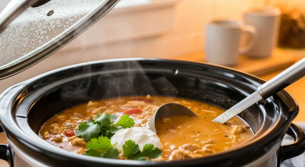 slow-cooker-filled-with-creamy-white-chicken-chili-and-steam-rising