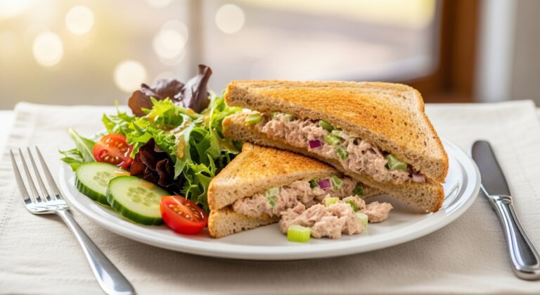 tuna-sandwich-on-a-plate-with-a-side-of-fresh-salad-fork-and-knife-placed-neatly