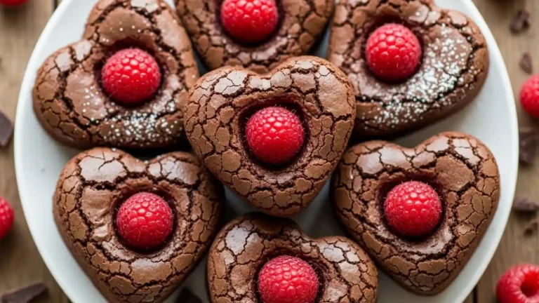 close-up-of-fudgy-heart-shaped-brownies-with-raspberry-garnish