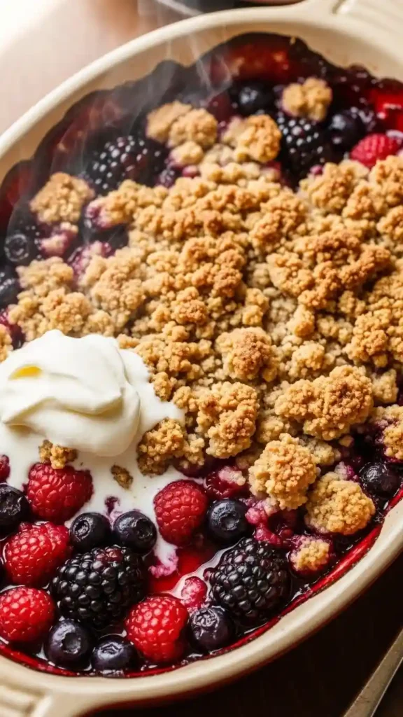 mixed-berry-crisp-recipe-served-in-a-white-bowl