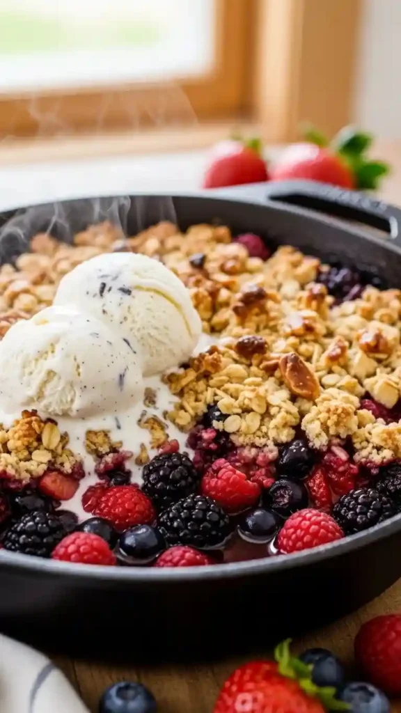 warm-mixed-berry-crisp-recipe-with-scoop-of-ice-cream